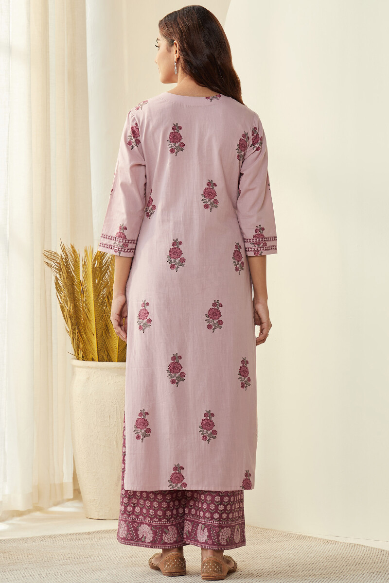Purple Hand Block-Printed Straight Cotton Kurta