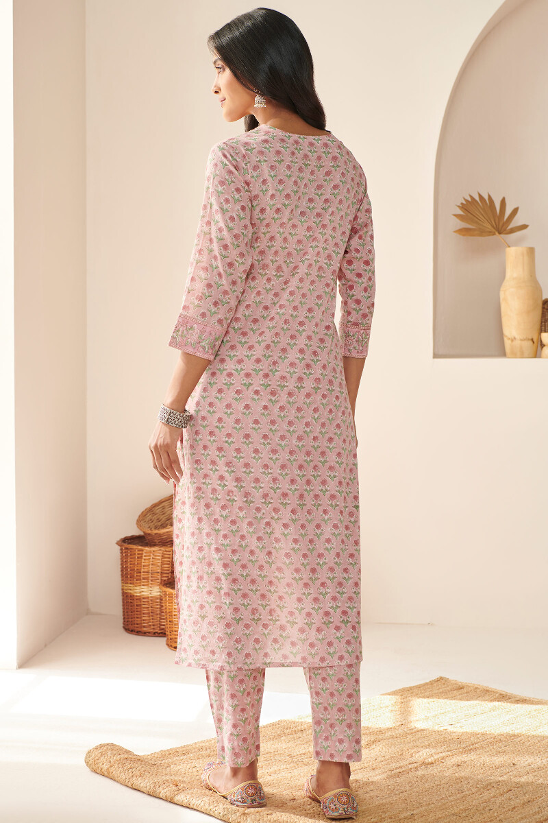 Pink Hand Block Printed Straight Cotton Mul Kurta