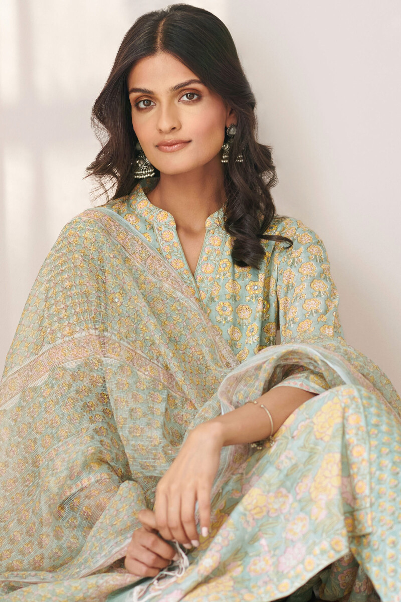 Blue Hand Block Printed A-Line Cotton Mul Kurta