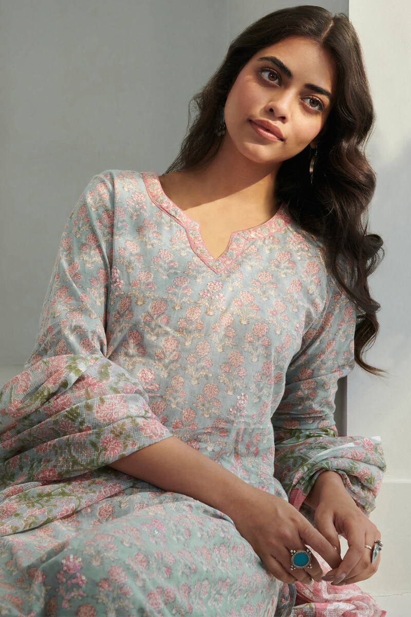 Grey Hand Block Printed Straight Cotton Kurta