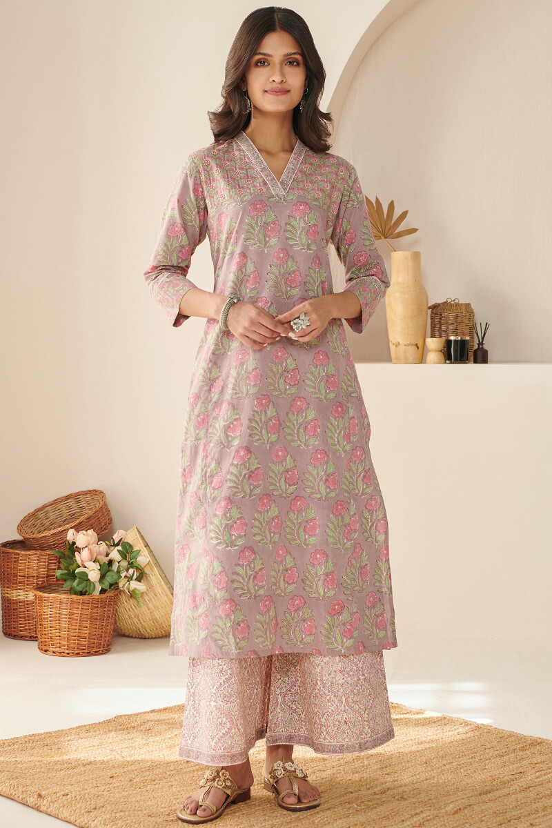 Brown Hand Block Printed Straight Cotton Kurta