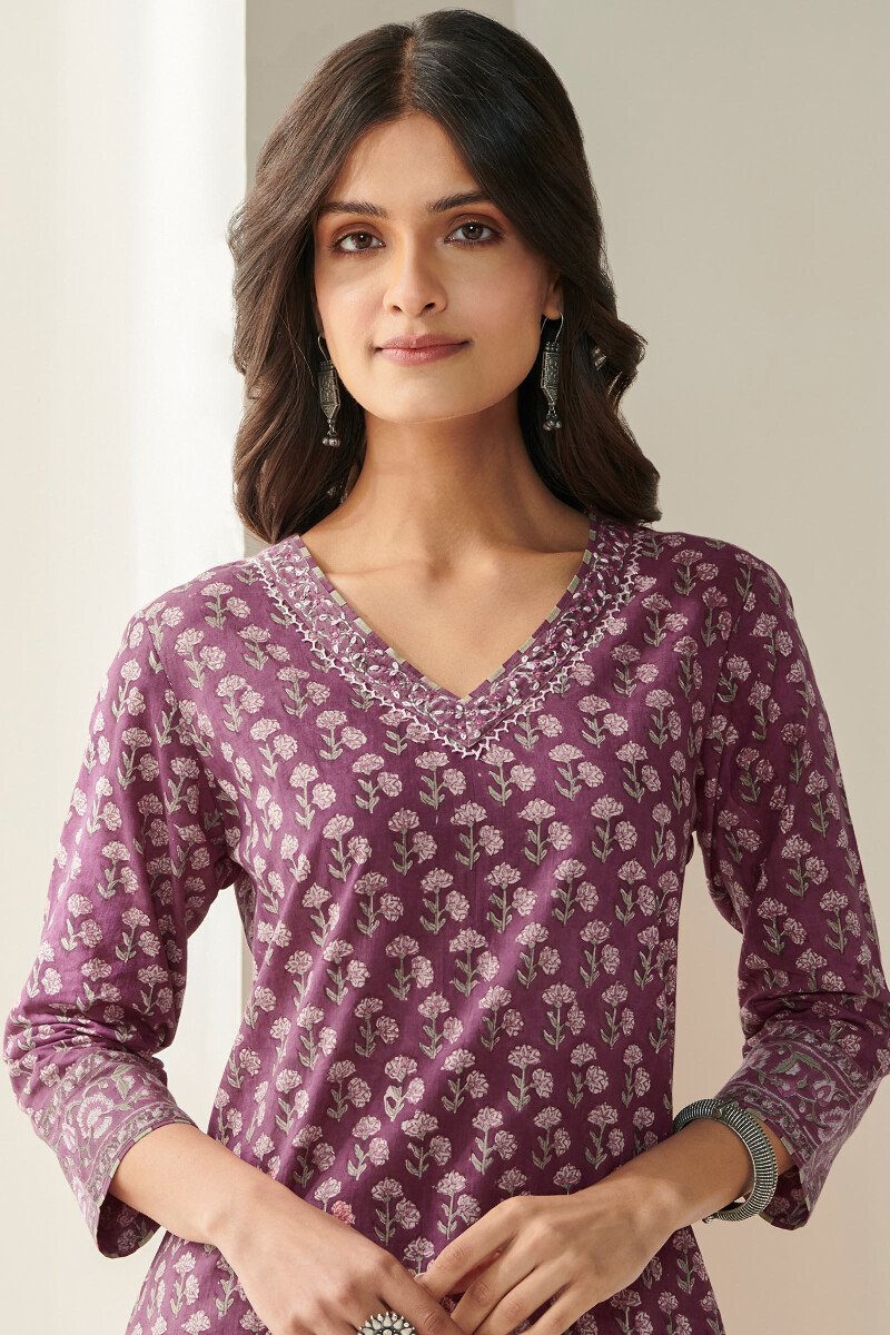 Purple Hand Block Printed A-Line Cotton Slub Kurta
