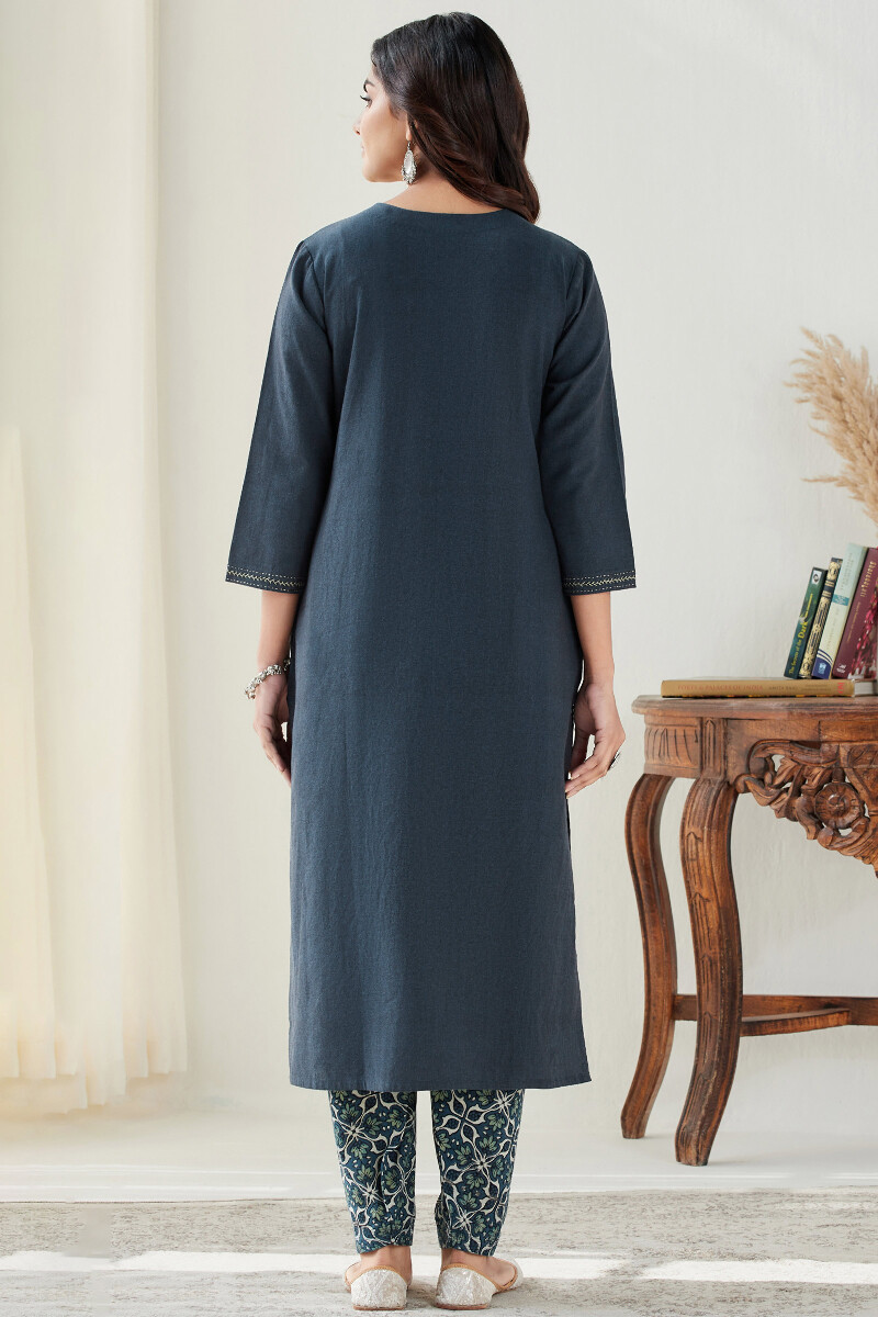 Blue Handcrafted Straight Cotton Kurta