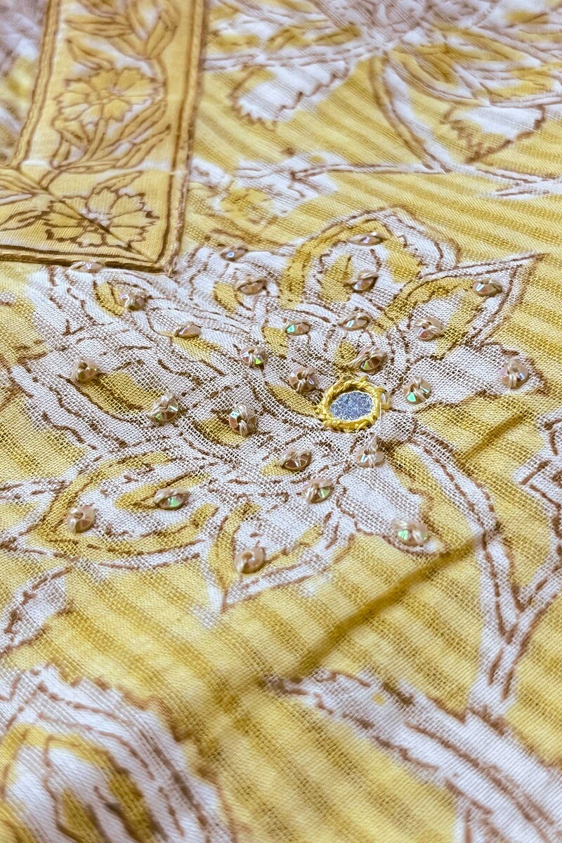 Yellow Hand Block Printed Straight Cotton Dobby Kurta
