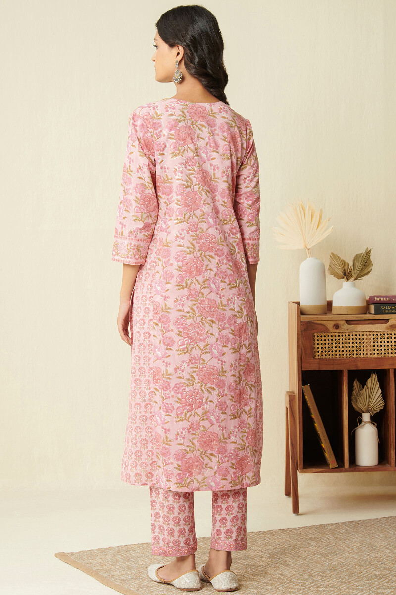 Pink Hand Block Printed Straight Cotton Kurta