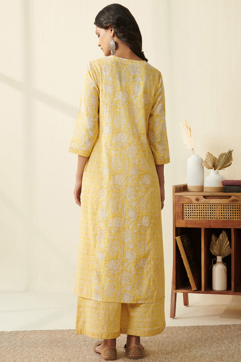 Yellow Hand Block Printed Straight Cotton Dobby Kurta
