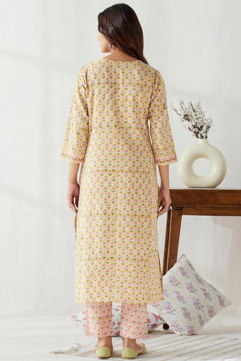 Yellow Hand Block Printed Straight Cotton Flax Kurta
