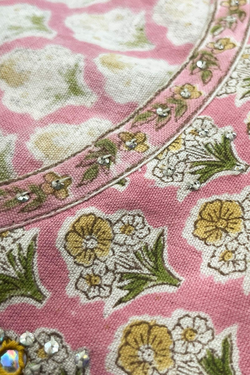 Pink Hand Block Printed Straight Cotton Flax Kurta