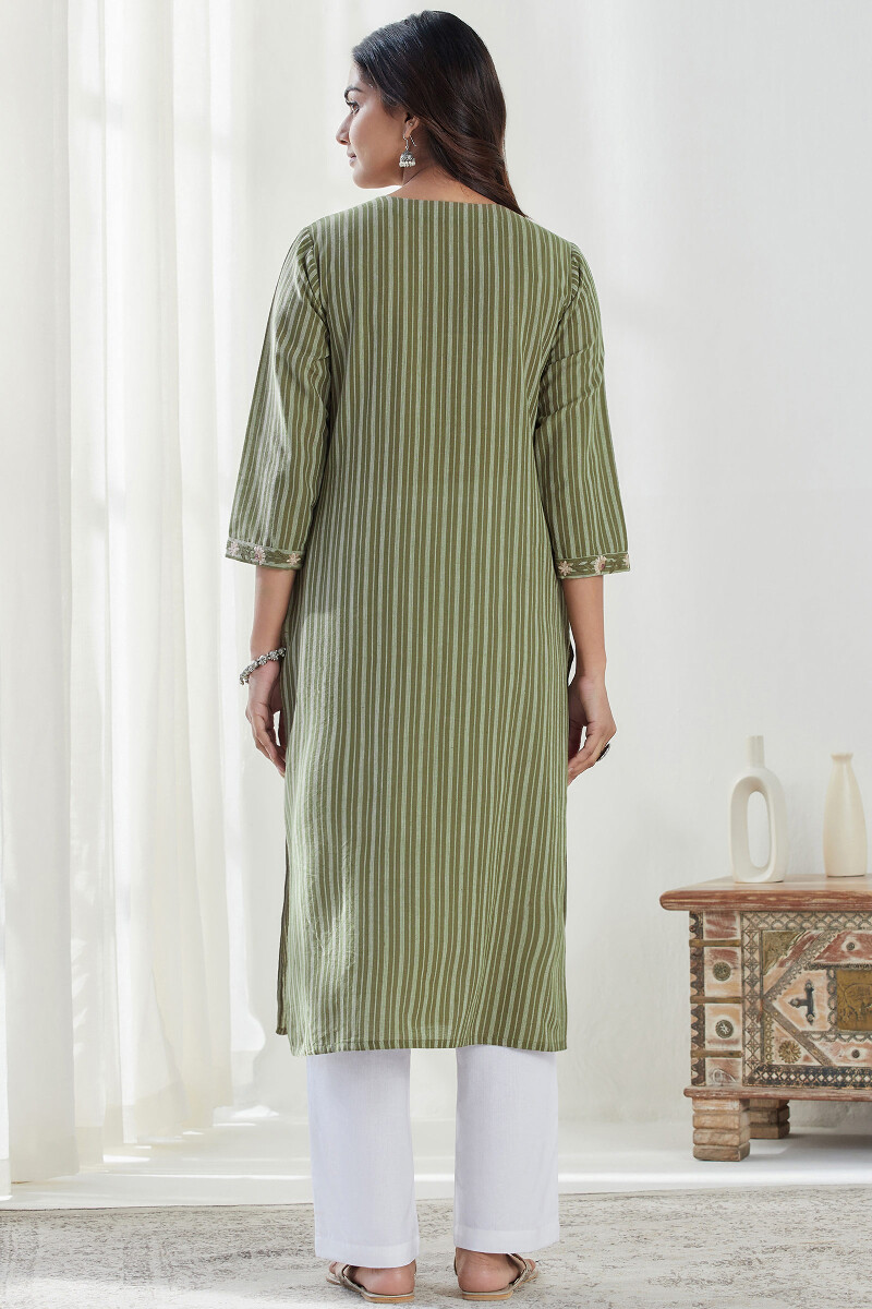 Olive Green Handcrafted Straight Cotton Kurta