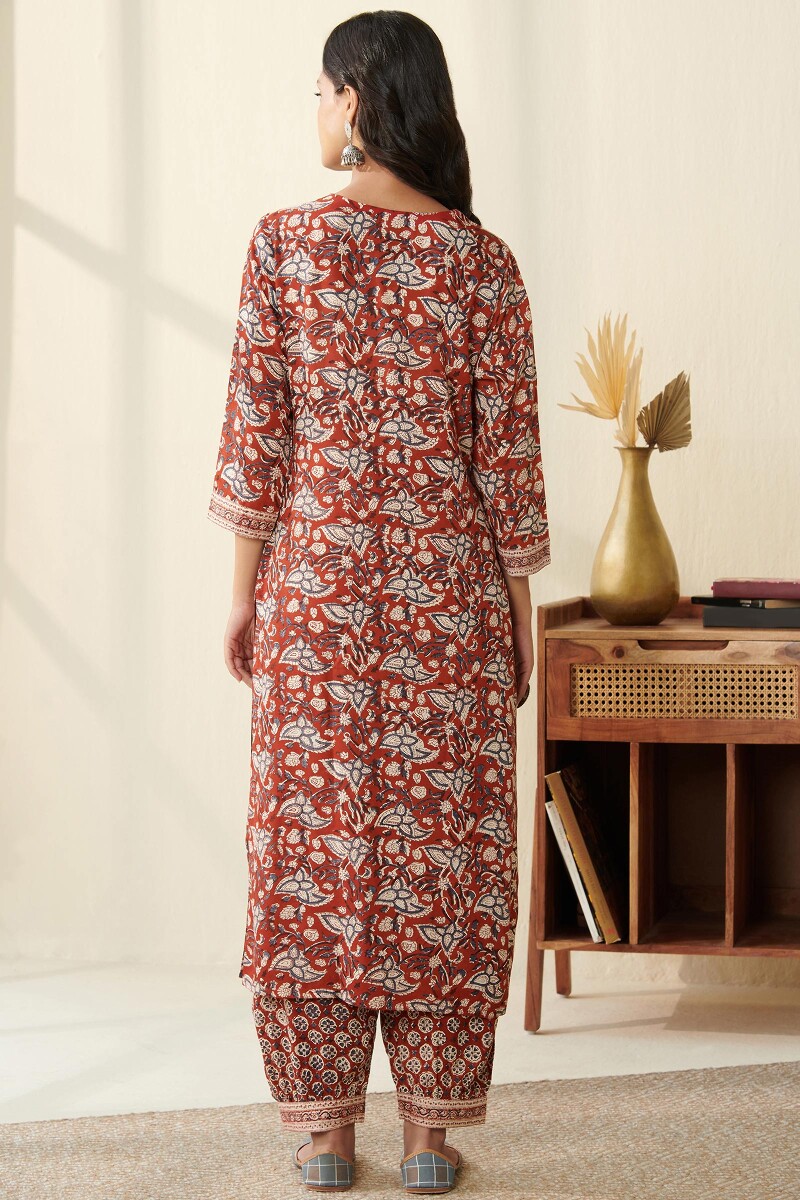 Red Hand Block Printed Straight Viscose Kurta