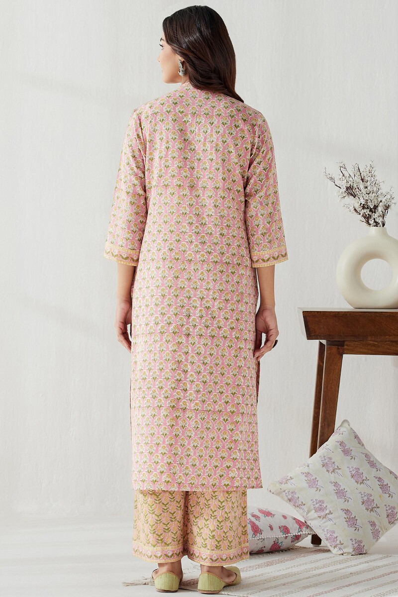 Pink Hand Block Printed Straight Cotton Flax Kurta