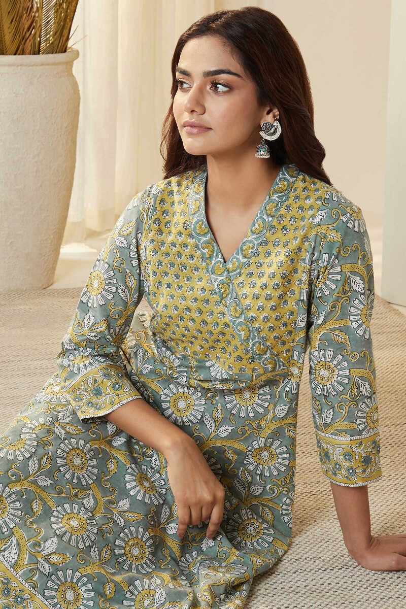 Grey Hand Block-Printed A-Line Cotton Mul Kurta