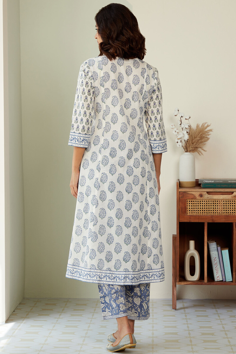 White Hand Block-Printed A-Line Cotton Kurta