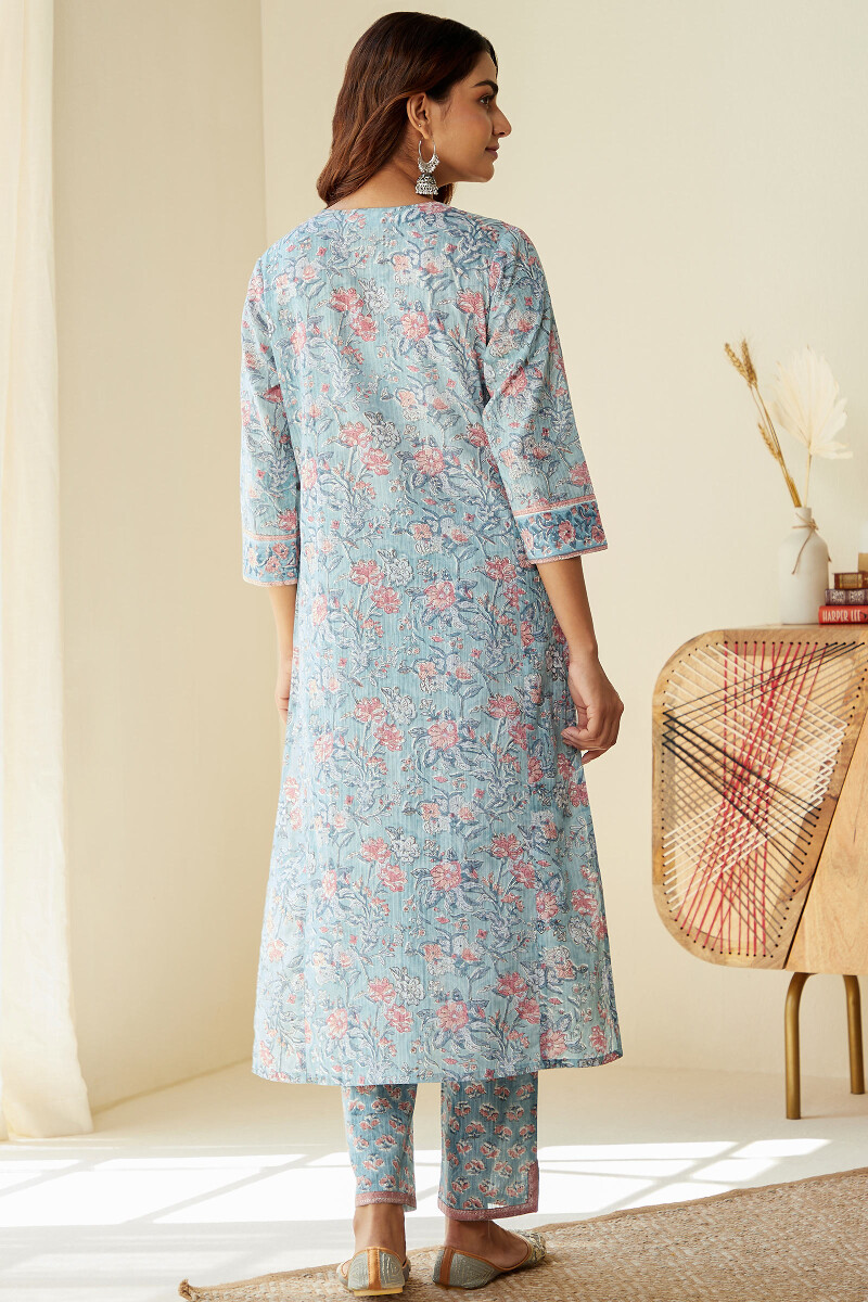 Blue Hand Block-Printed Straight Cotton Dobby Kurta