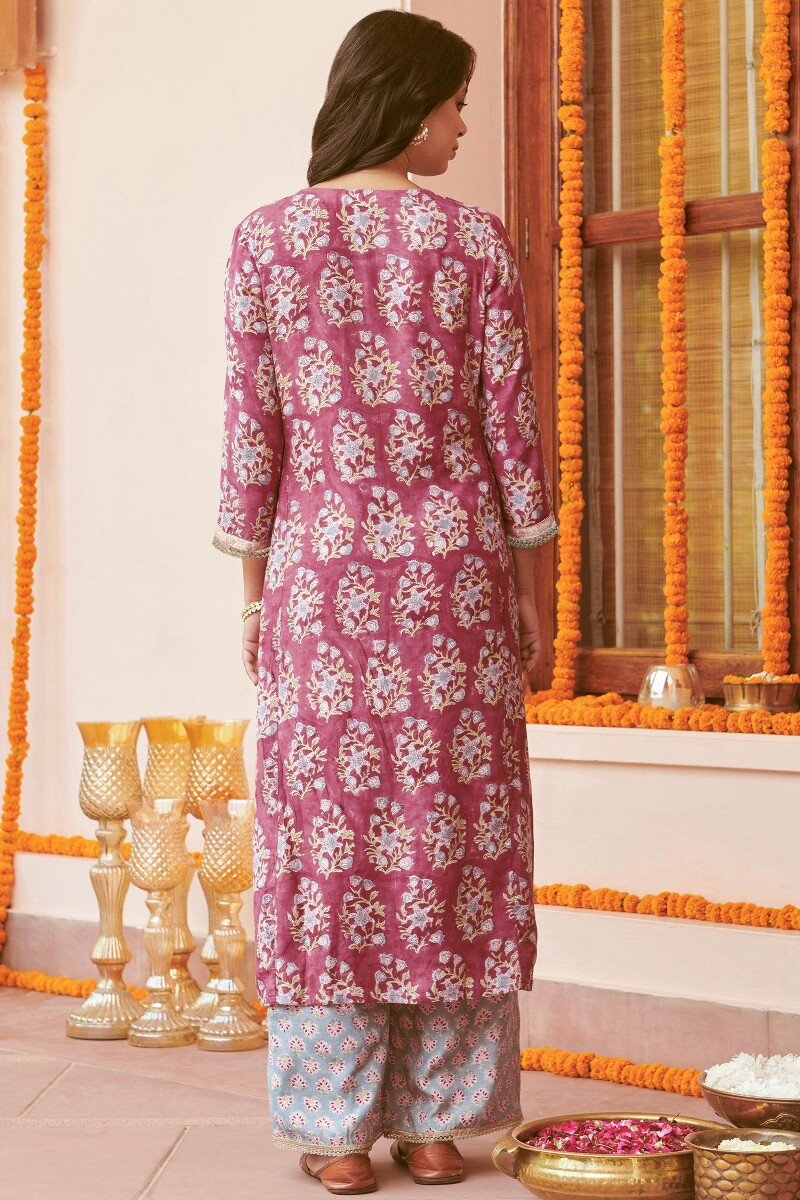 Red Hand Block-Printed Straight Modal Kurta