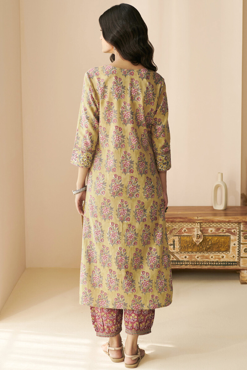 Mustard Hand Block-Printed Straight Cotton Slub Kurta
