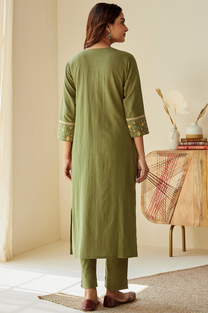 Olive Green Handcrafted Straight Cotton Flax Kurta