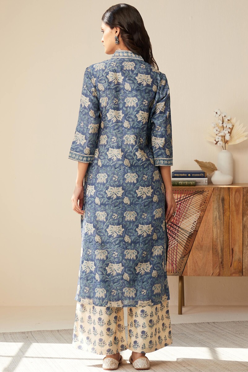 Blue Hand Block-Printed Straight Chanderi Kurta