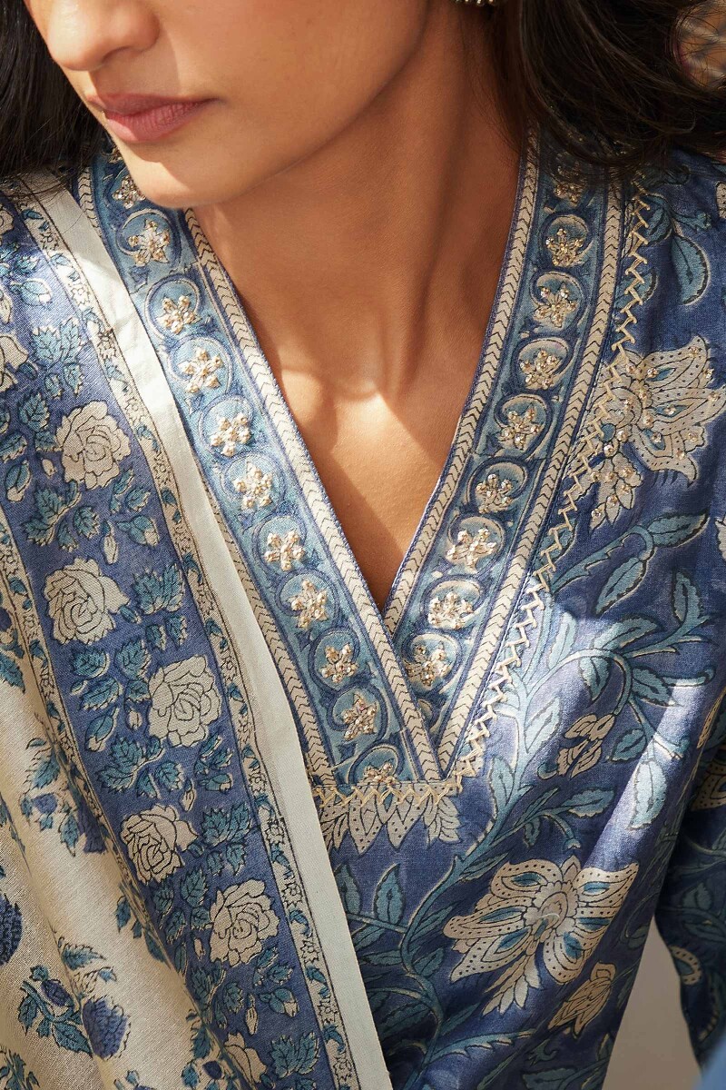 Blue Hand Block-Printed Straight Chanderi Kurta