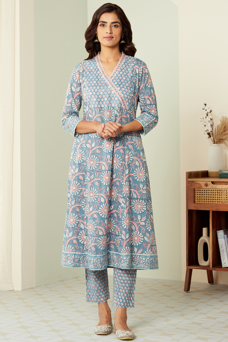 Crystal Blue Hand Block-Printed A-Line Cotton Mul Kurta