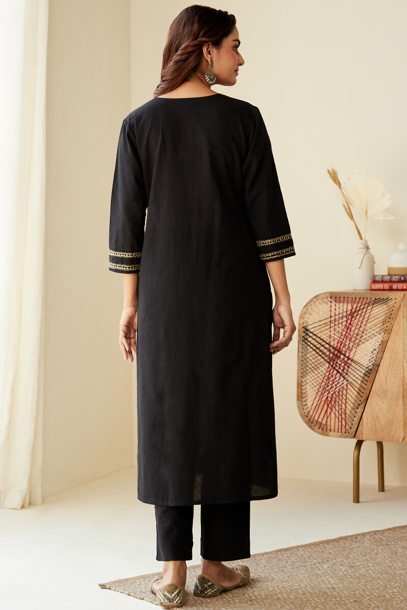Black Handcrafted Straight Cotton Flax Kurta