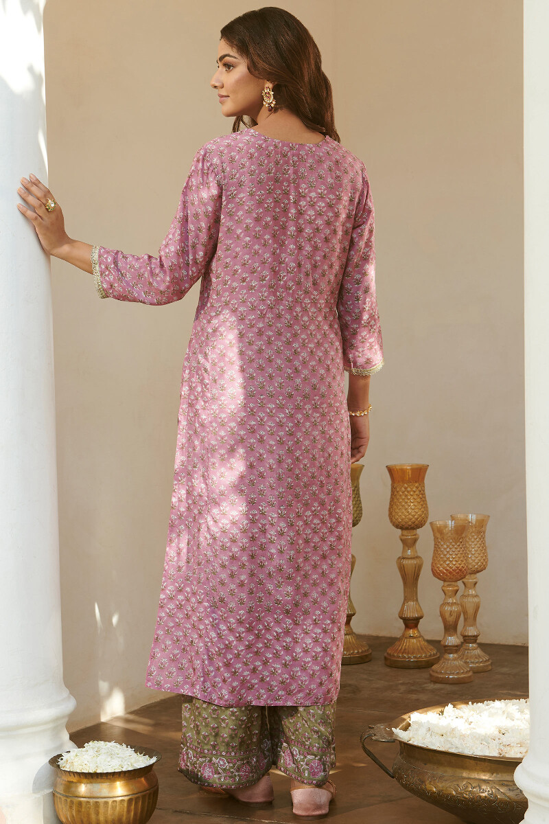 Purple Hand Block-Printed Straight Viscose Kurta
