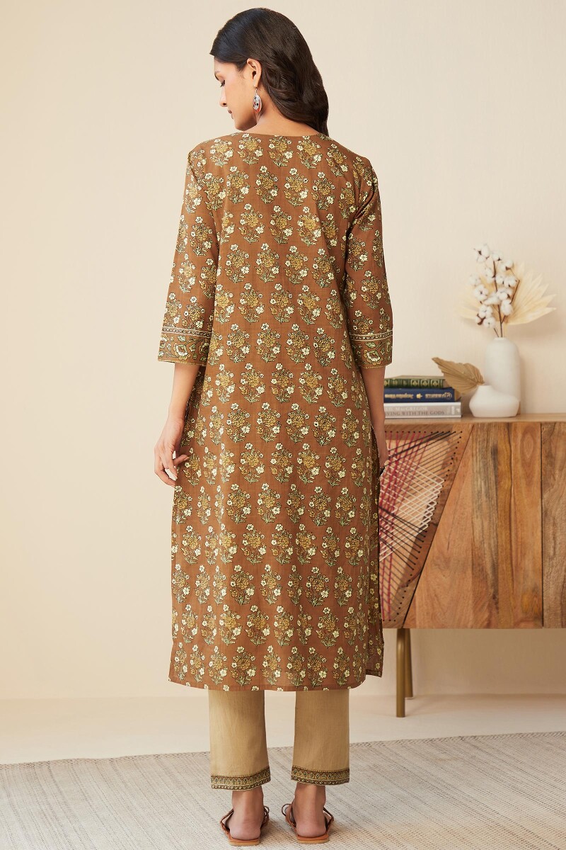 Brown Hand Printed Straight Cotton Slub Kurta