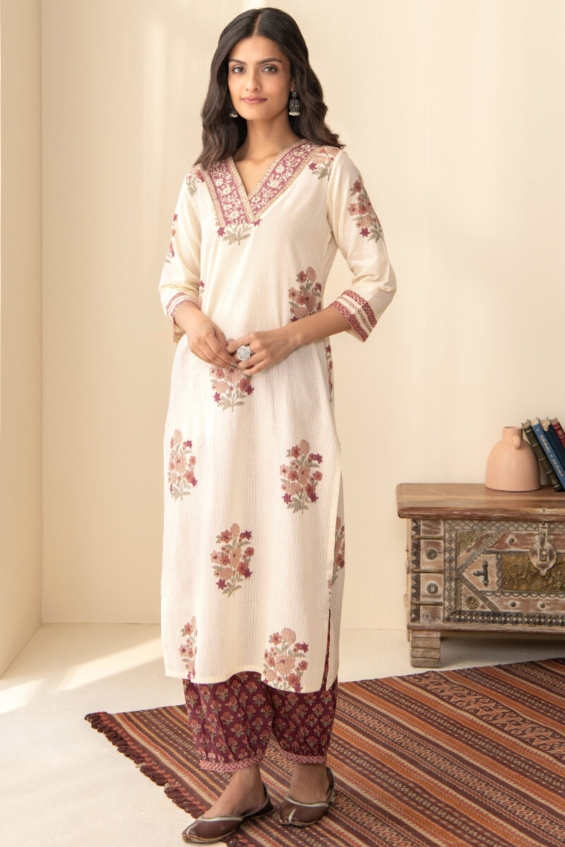Beige Hand Block-Printed Straight Cotton Dobby Kurta