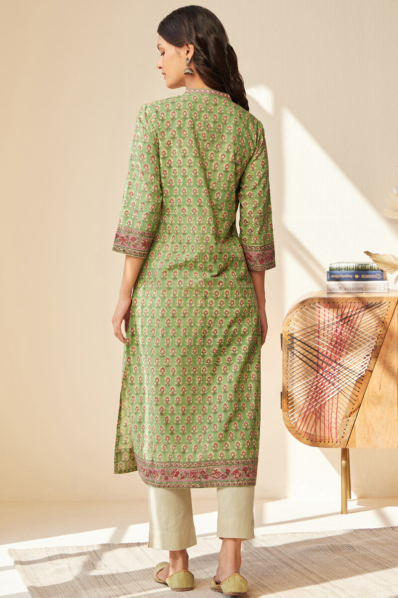 Green Hand Block-Printed Straight Cotton Kurta
