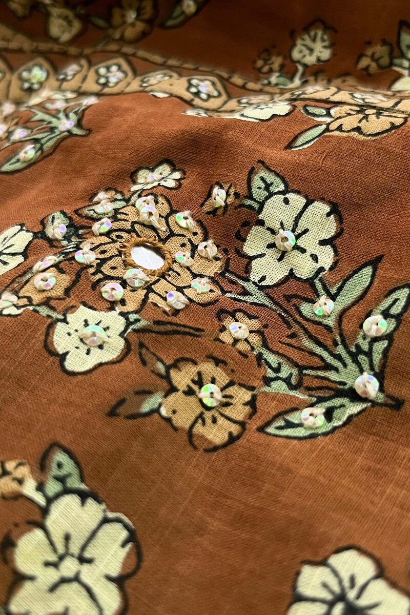 Brown Hand Printed A-Line Cotton Slub Kurta