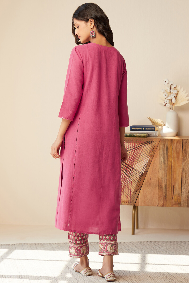 Rose Pink Handcrafted Straight Cotton Flax Kurta