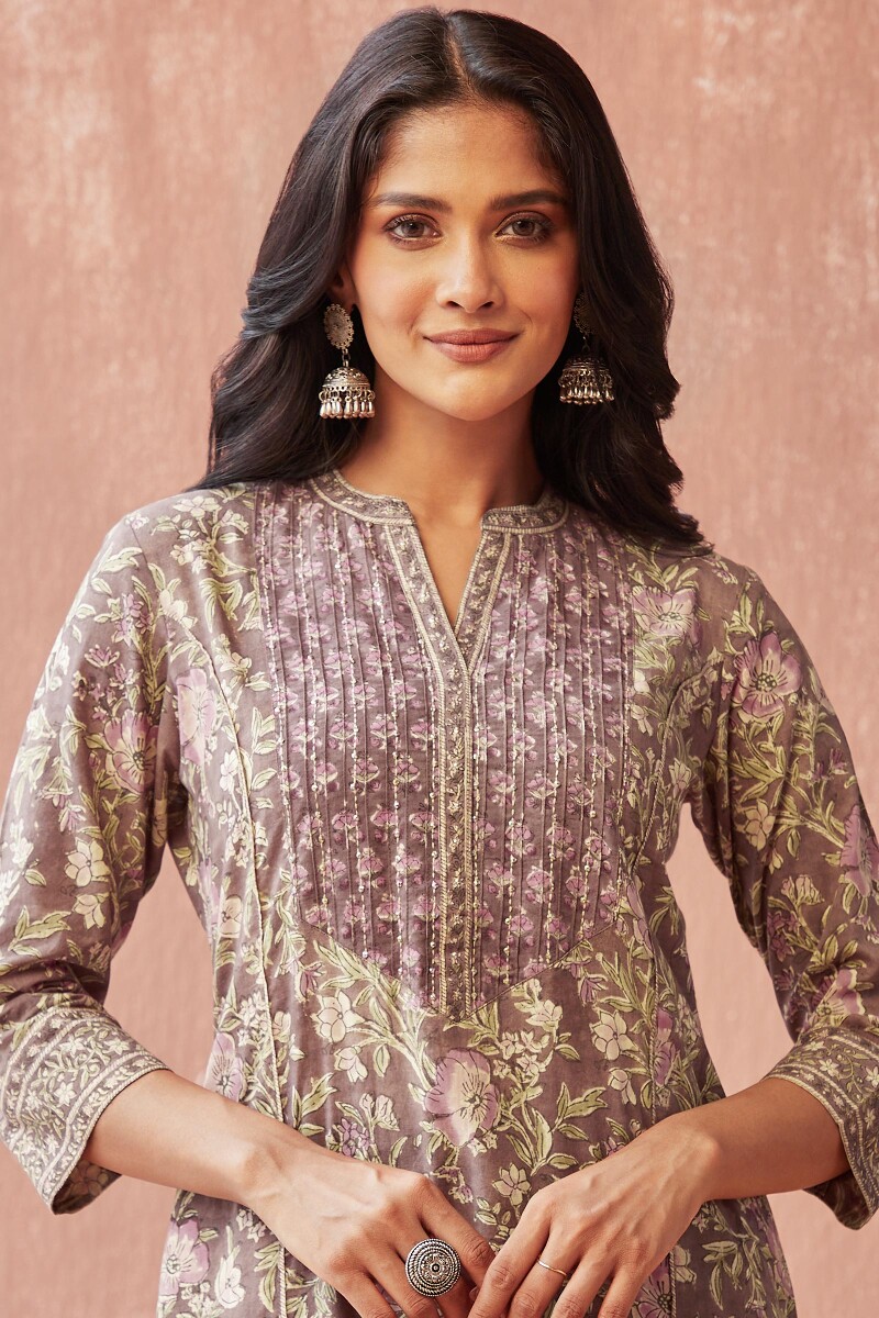 Brown Hand Block-Printed Straight Cotton Kurta