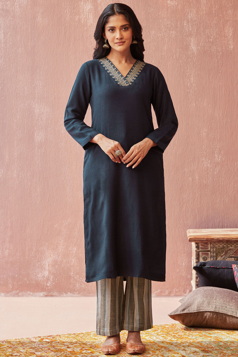 Blue Handcrafted Straight Faux Wool Kurta