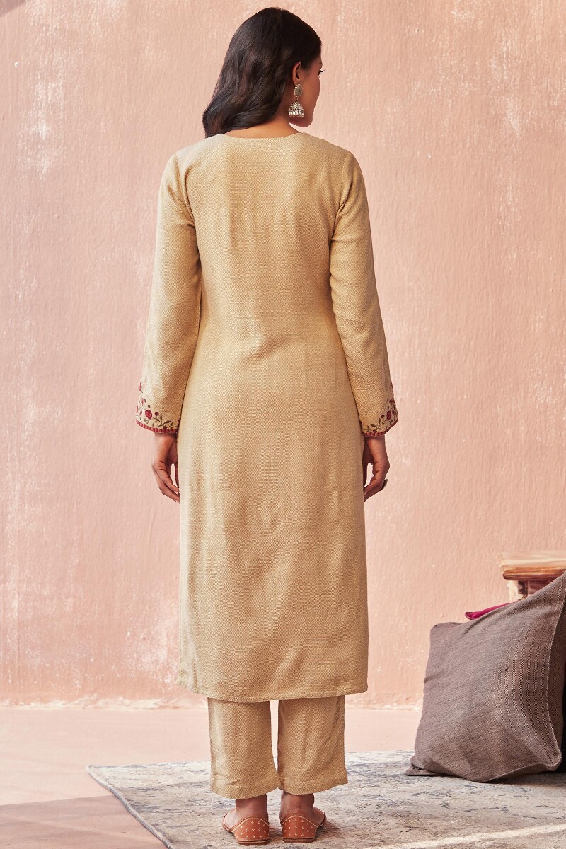 Beige Handcrafted Straight Faux Wool Kurta