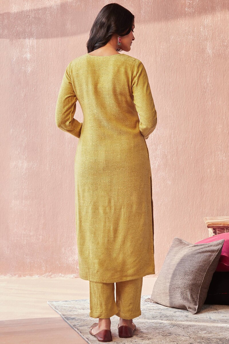 Yellow Handcrafted Straight Faux Wool Kurta
