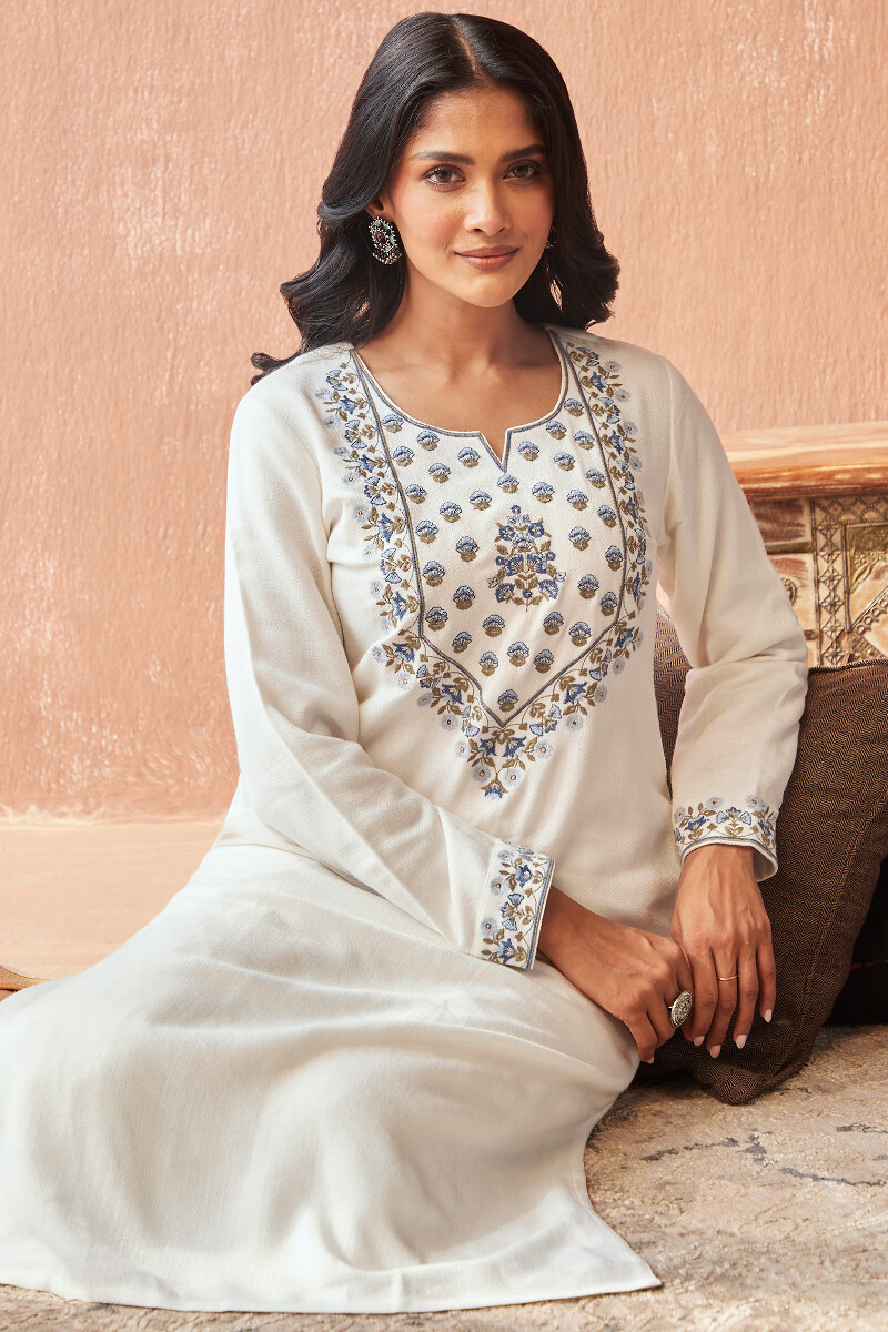 White Handcrafted Straight Faux Wool Kurta