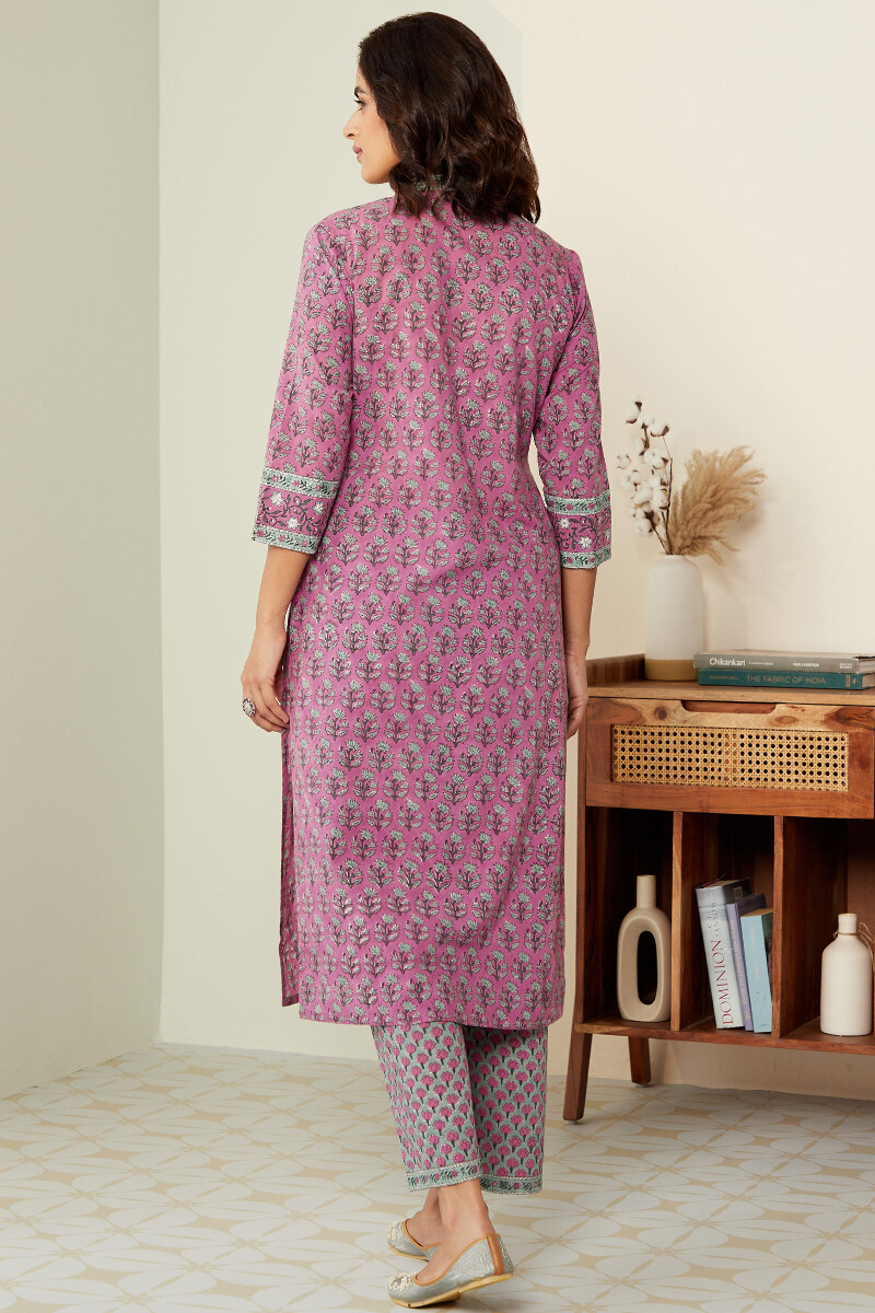 Purple Hand Block-Printed Straight Cotton Kurta