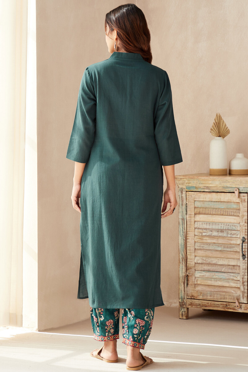 Teal Handcrafted Straight Cotton Kurta