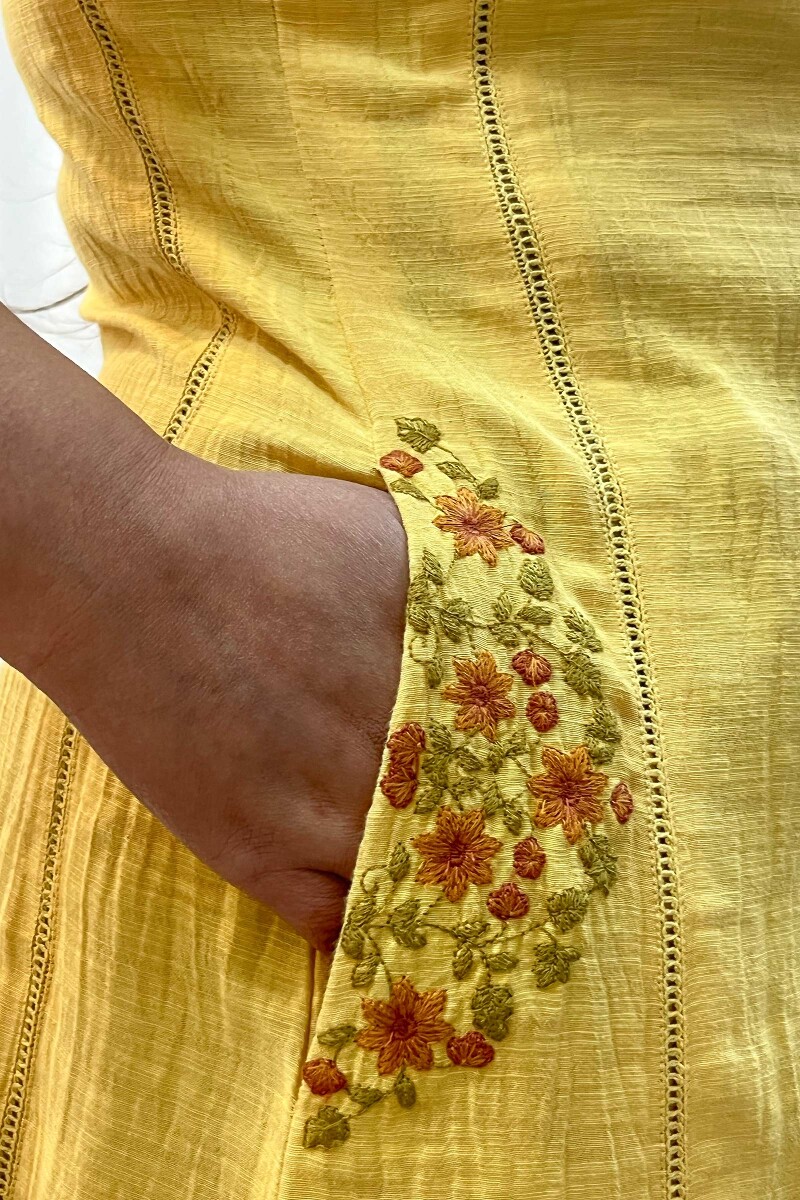 FG Specials: 1 Of 1- Yellow Handcrafted Rayon Slub Kurta and Pants