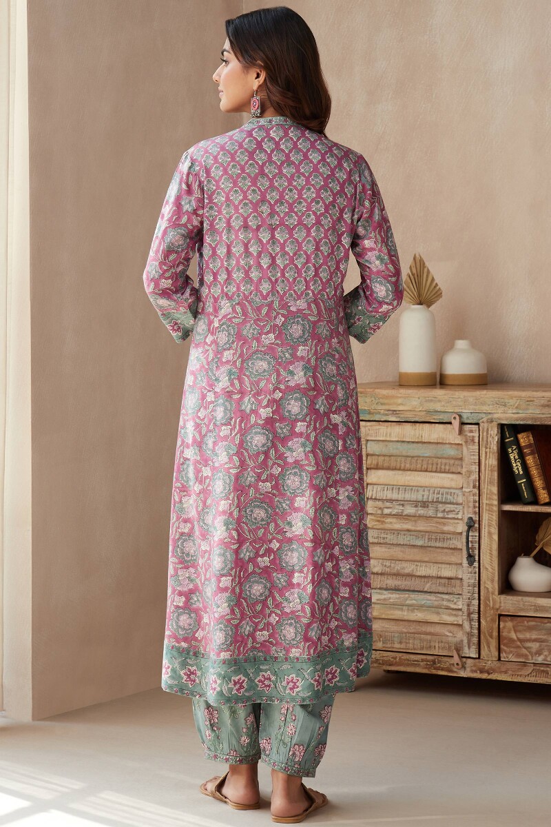 Pink Hand Block-Printed A-Line Viscose Kurta