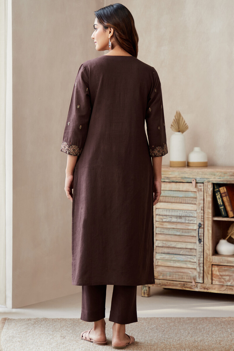 Brown Handcrafted Straight Cotton Linen Kurta
