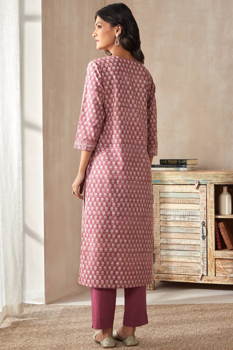 Purple Hand Block-Printed Straight Cotton Kurta