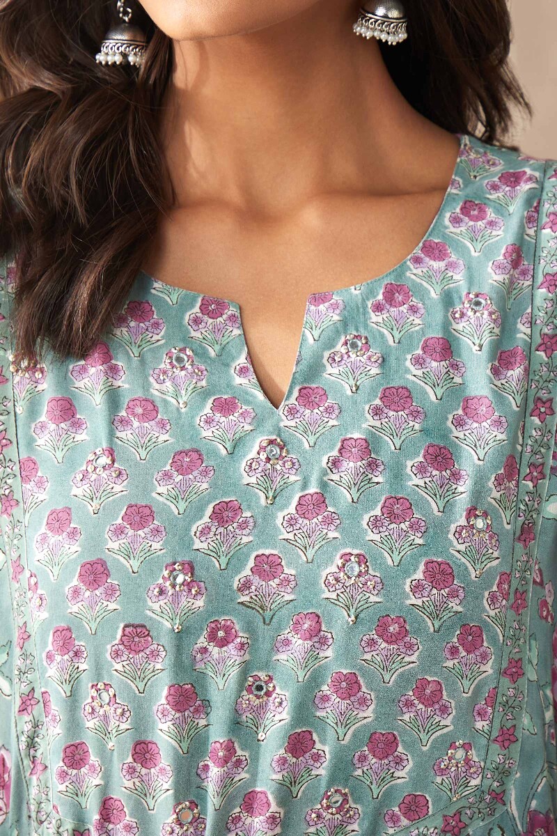 Green Hand Block-Printed Straight Viscose Kurta
