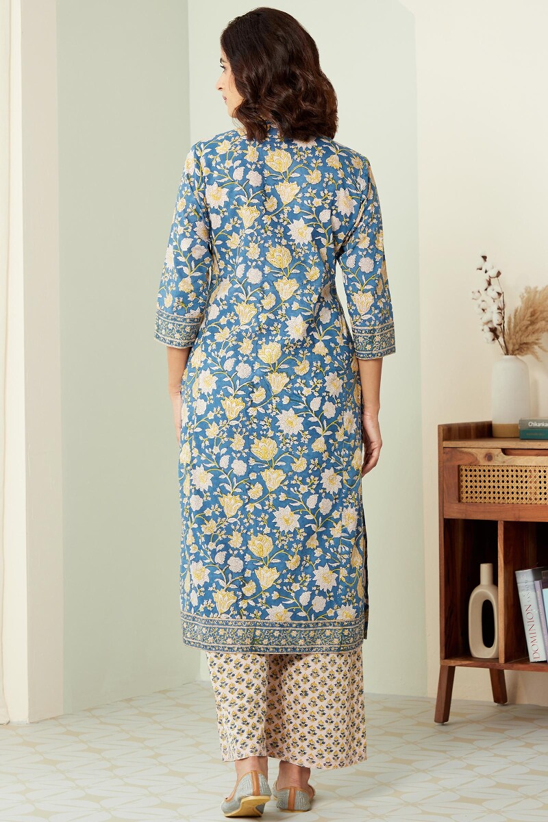 Blue Hand Block-Printed Straight Cotton Kurta