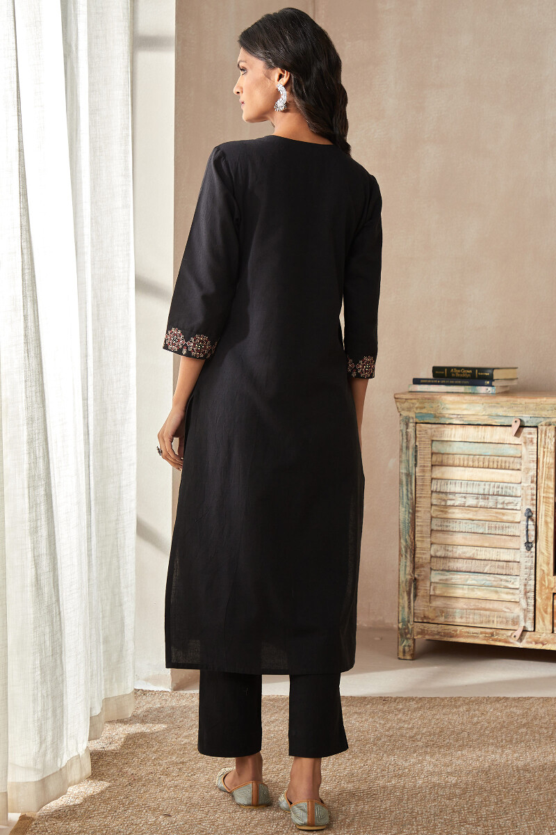 Black Handcrafted Straight Cotton Linen Kurta