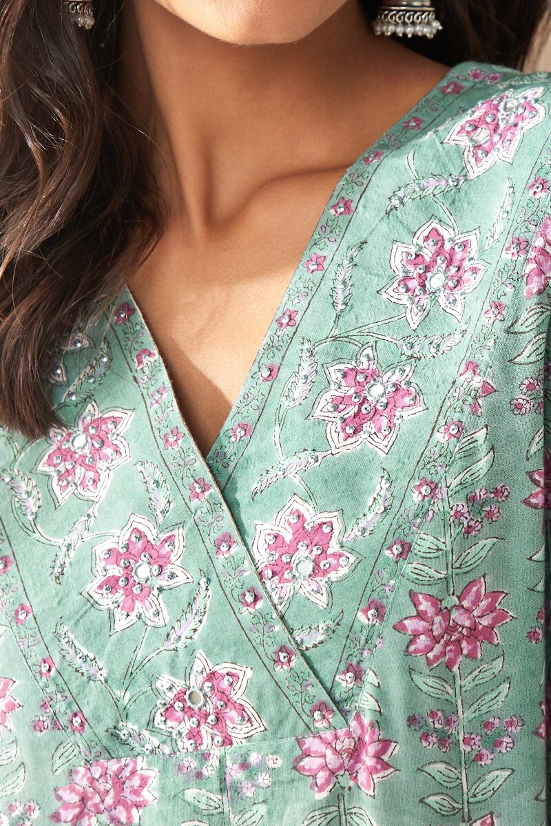 Green Hand Block-Printed Straight Viscose Kurta