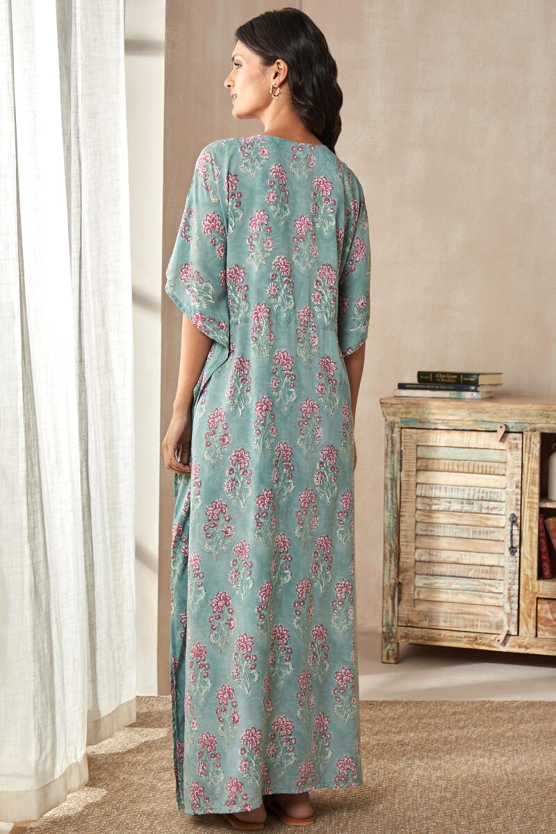 Green Hand Block-Printed Viscose Kaftan