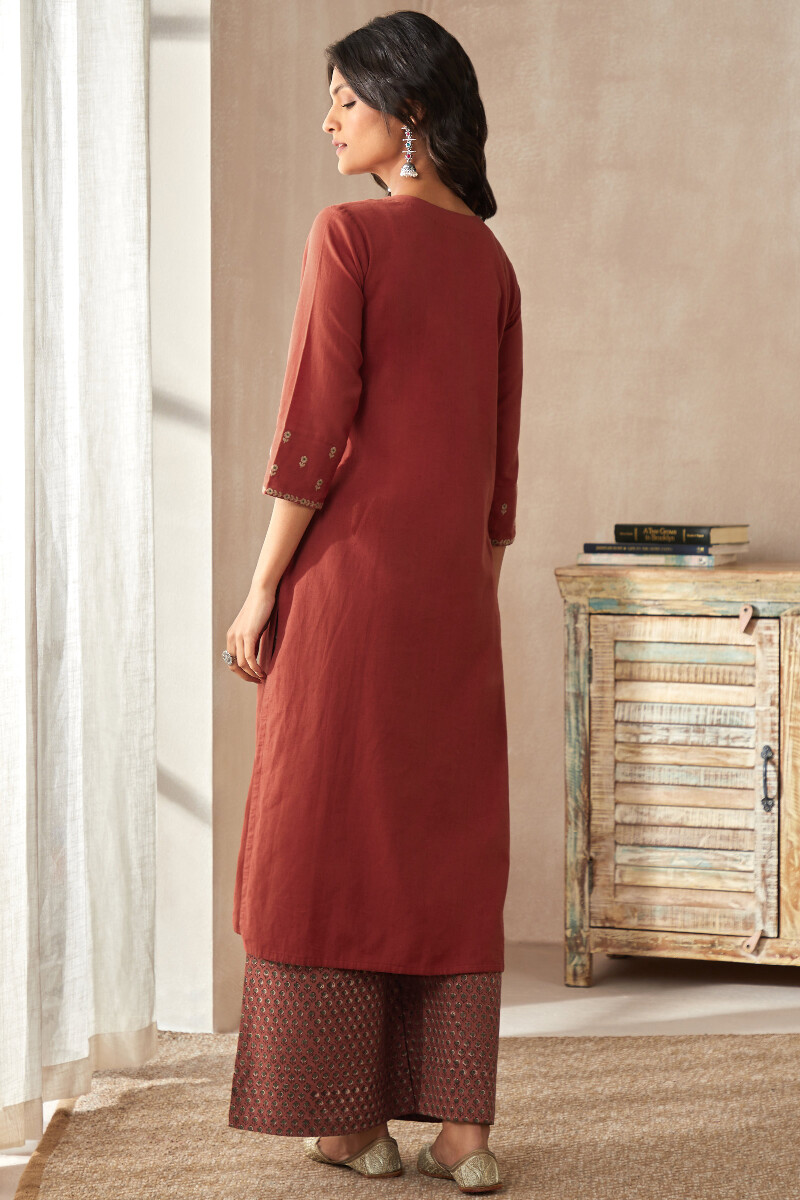 Red Handcrafted Straight Cotton Flax Kurta