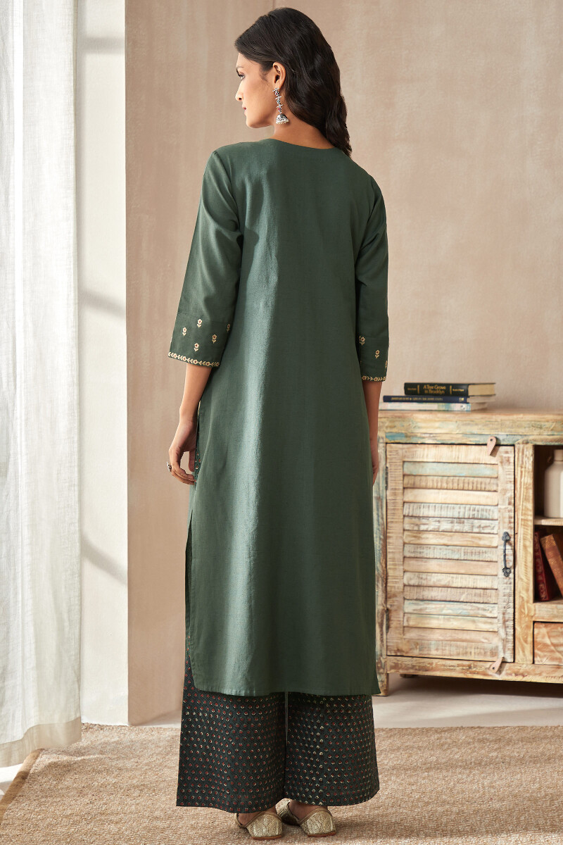 Green Handcrafted Straight Cotton Flax Kurta