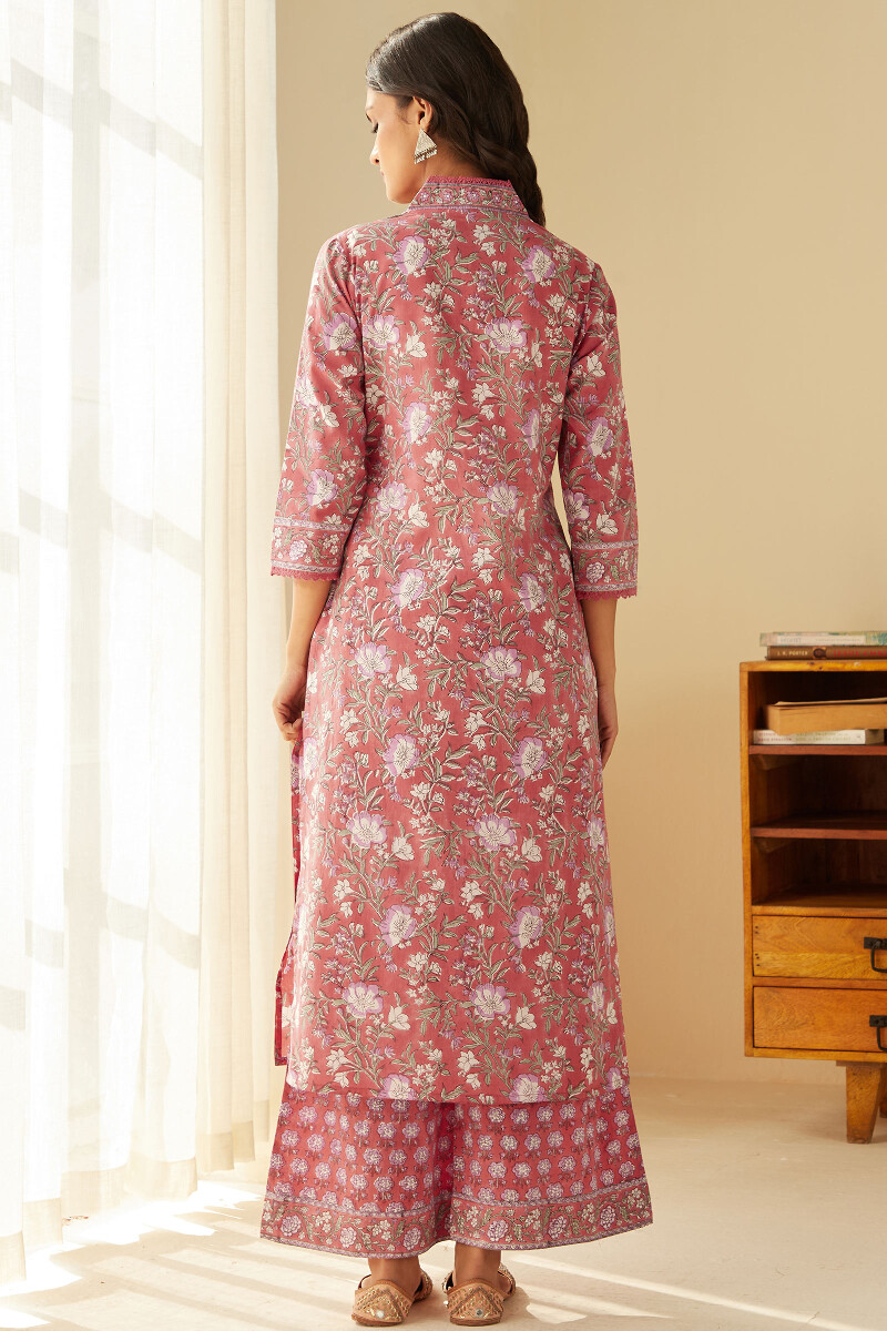 Pink Hand Block-Printed Straight Cotton Kurta